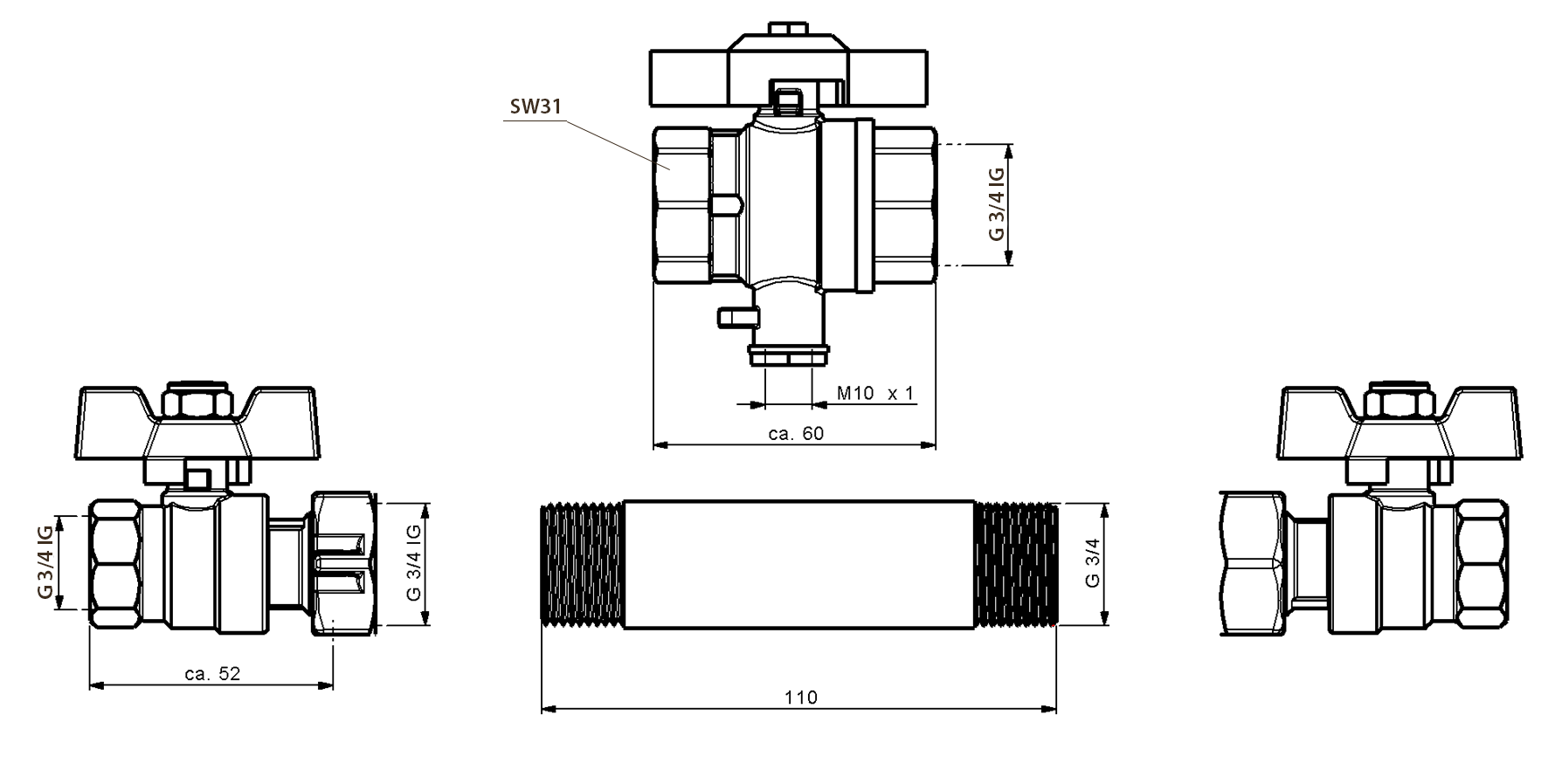 Deltamess Einbausatz G 3/4 (G 3/4) x 110 mm, mit 2 Kugelhahnverschraubungen