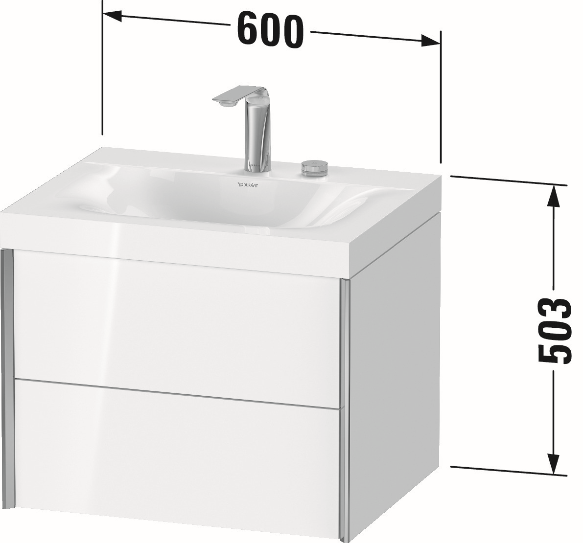 Duravit Waschtisch-Unterschrank c-bonded XViu 60x48cm, 2 Schubkästen, 2 Hahnlöcher, schwarz matt, Rahmen C, weiß hochglanz