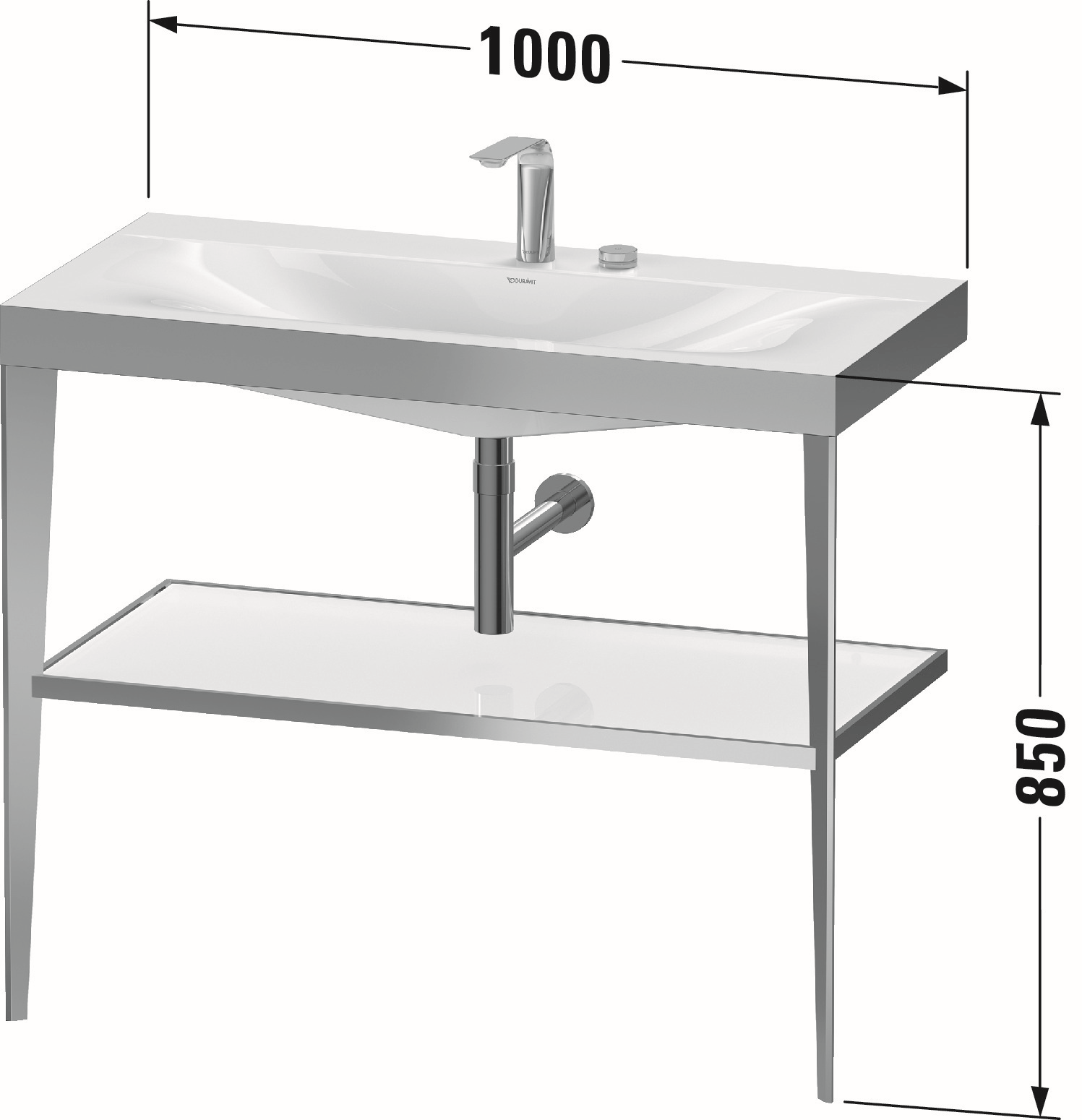 Duravit Möbelwaschtisch-Kombination c-bonded XViu 100 x 48 cm, ohne Hahnloch, schwarz hochglanz, mit Metallkonsole, schwarz matt