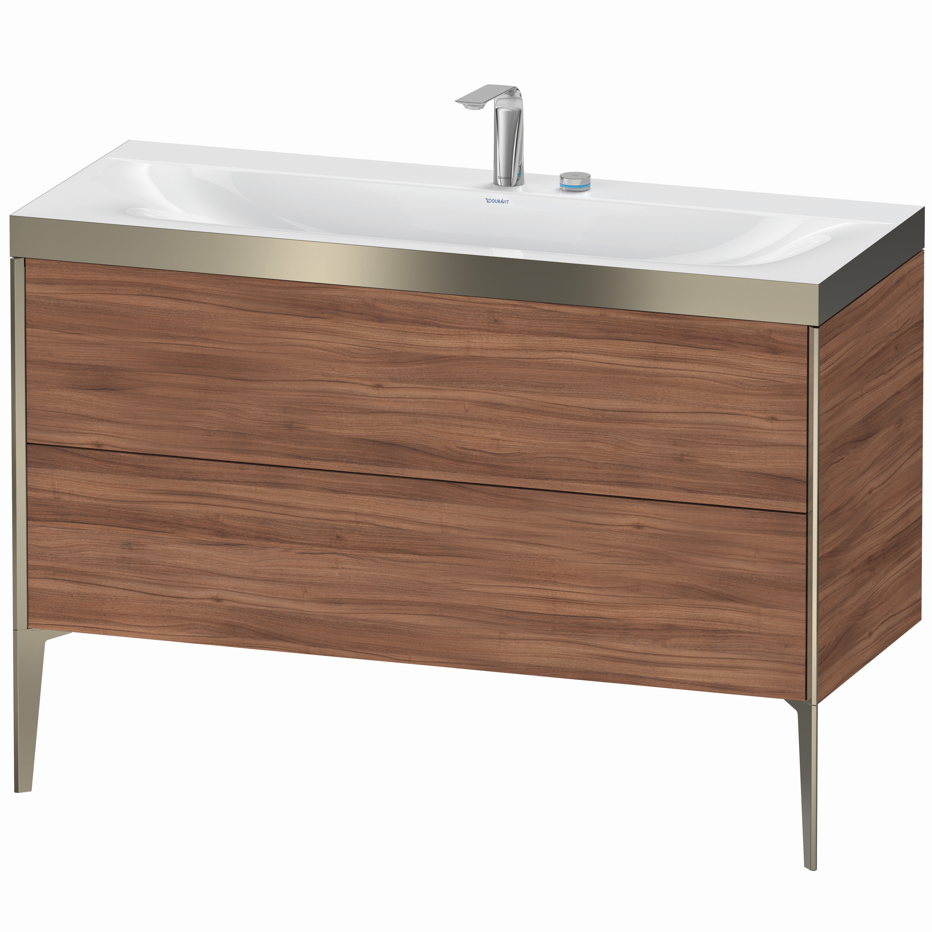 Duravit Waschtisch-Unterschrank c-bonded XViu 120x48cm, 2 Auszüge, 2 Hahnlöcher, champagner matt, Rahmen P, nussbaum natur