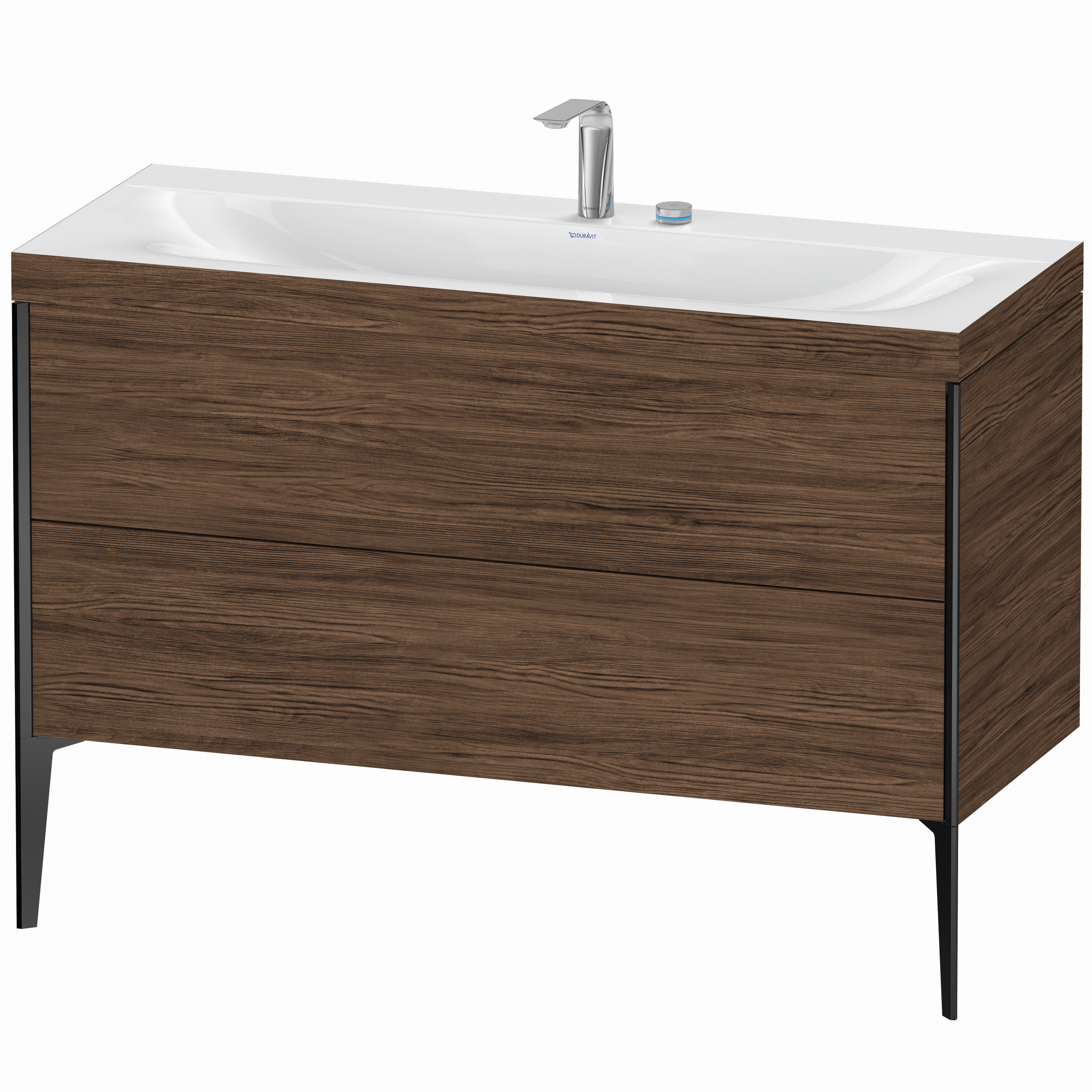 Duravit Waschtisch-Unterschrank c-bonded XViu 120x48cm, 2 Auszüge, 2 Hahnlöcher, schwarz matt, Rahmen C, nussbaum dunkel