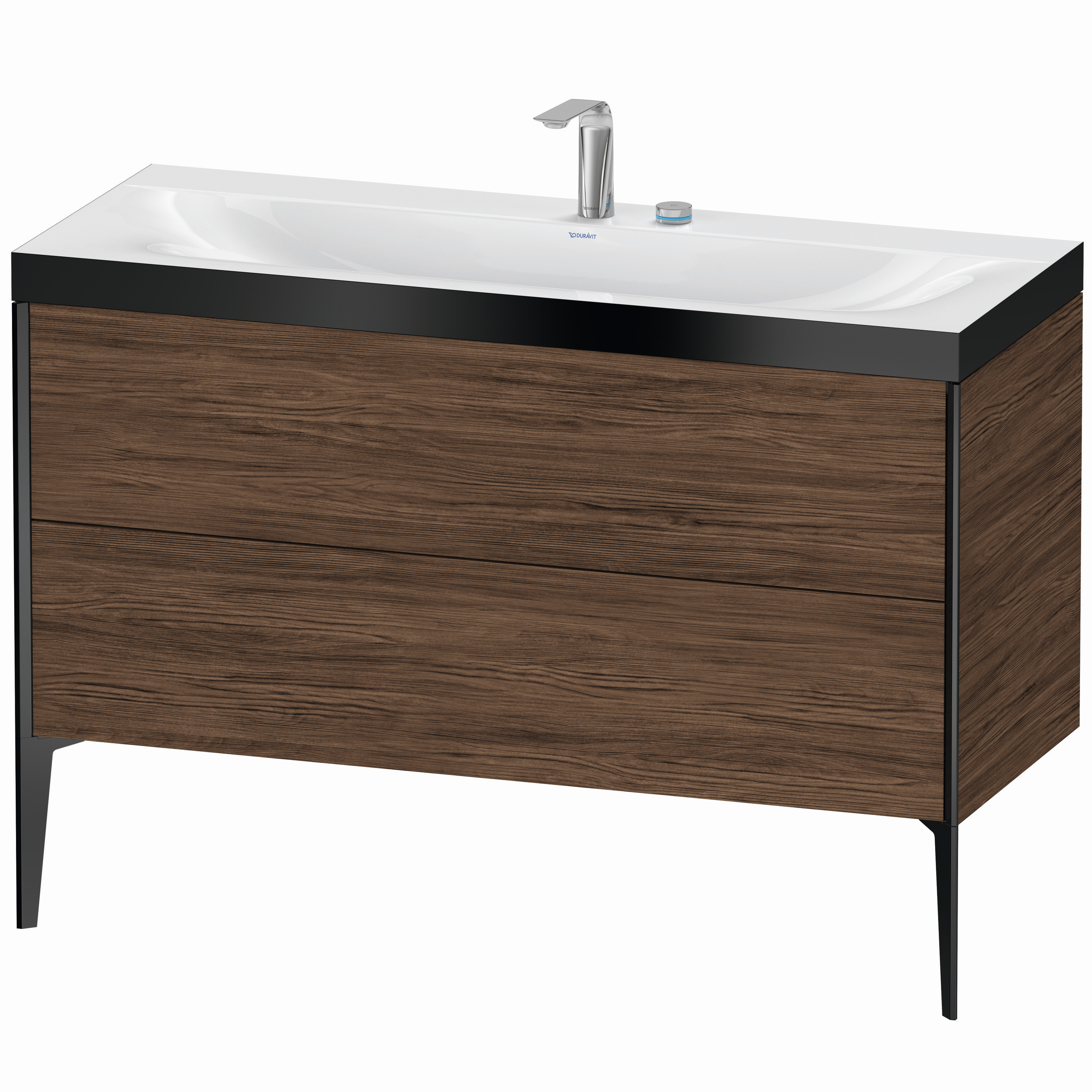 Duravit Waschtisch-Unterschrank c-bonded XViu 120x48cm, 2 Auszüge, 2 Hahnlöcher, schwarz matt, Rahmen P, nussbaum dunkel