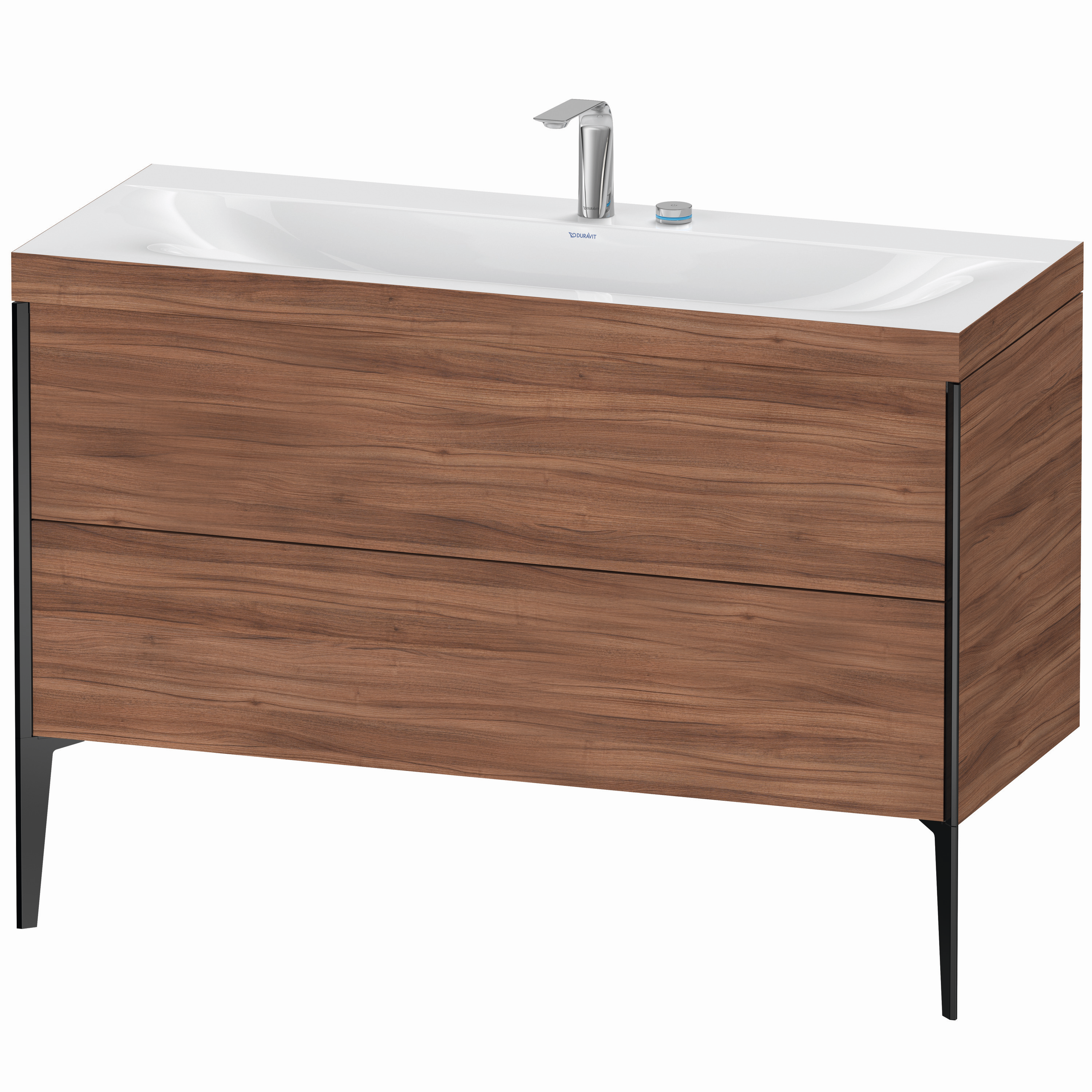 Duravit Waschtisch-Unterschrank c-bonded XViu 120x48cm, 2 Auszüge, 2 Hahnlöcher, schwarz matt, Rahmen C, nussbaum natur