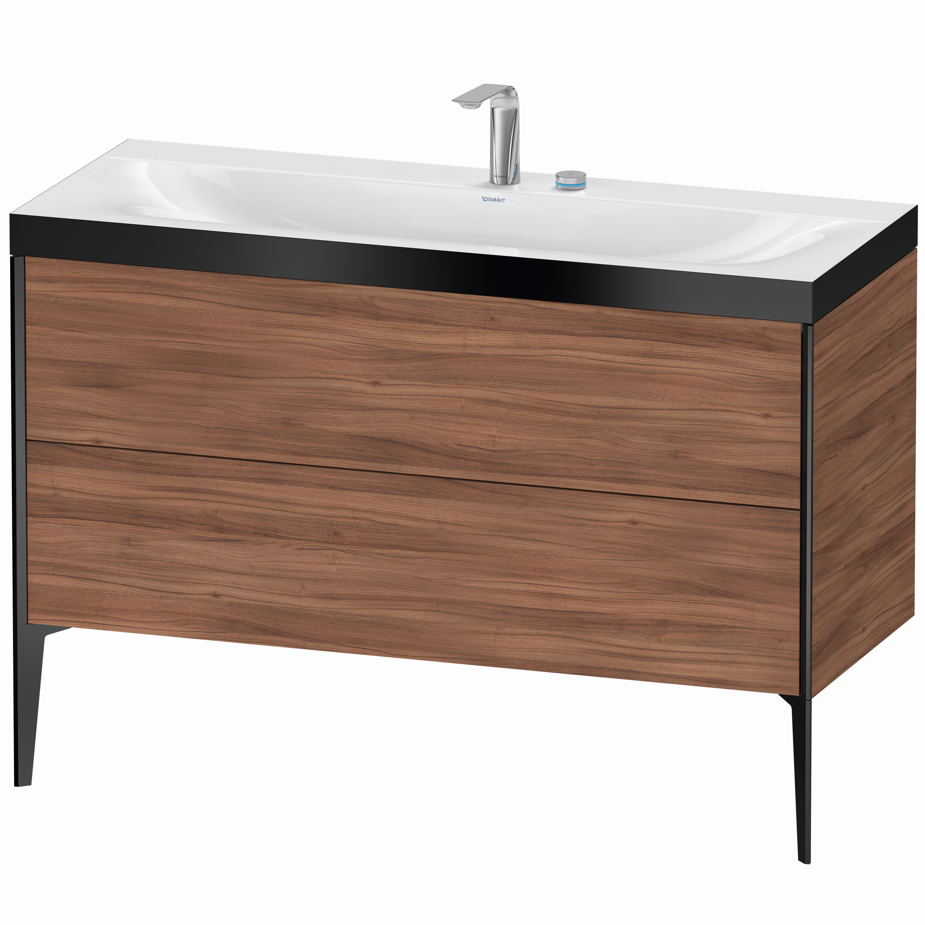 Duravit Waschtisch-Unterschrank c-bonded XViu 120x48cm, 2 Auszüge, 2 Hahnlöcher, schwarz matt, Rahmen P, nussbaum natur