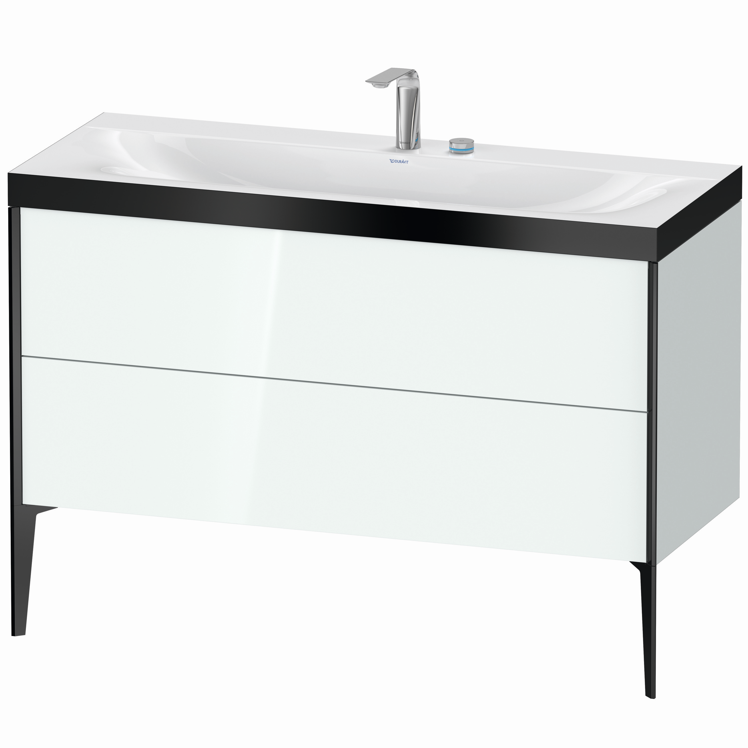 Duravit Waschtisch-Unterschrank c-bonded XViu 120x48cm, 2 Auszüge, 2 Hahnlöcher, schwarz matt, Rahmen P, weiß hochglanz