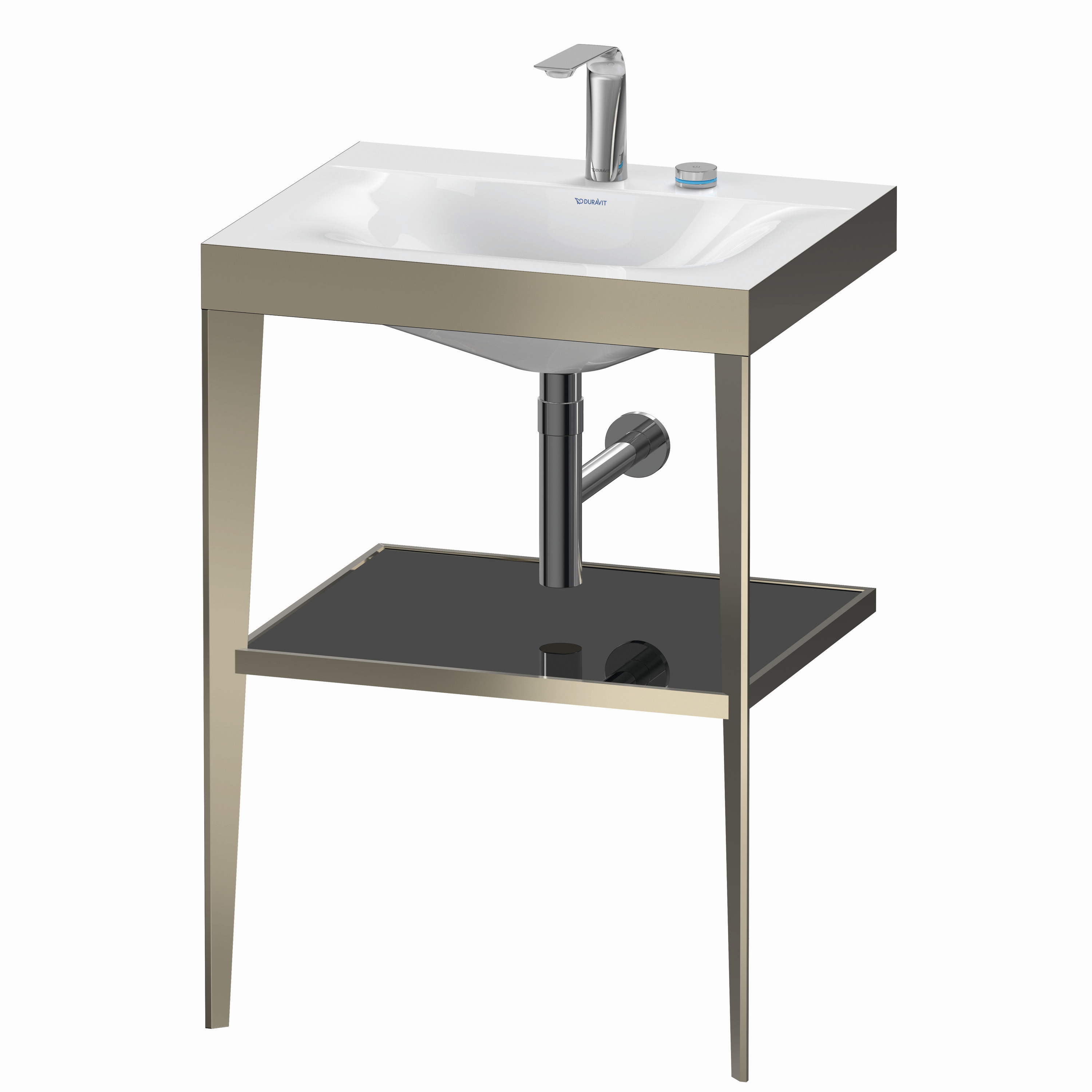 Duravit Möbelwaschtisch-Kombination c-bonded XViu 60 x48 cm, 2 Hahnlöcher, schwarz hochglanz, mit Metallkonsole, champagner matt