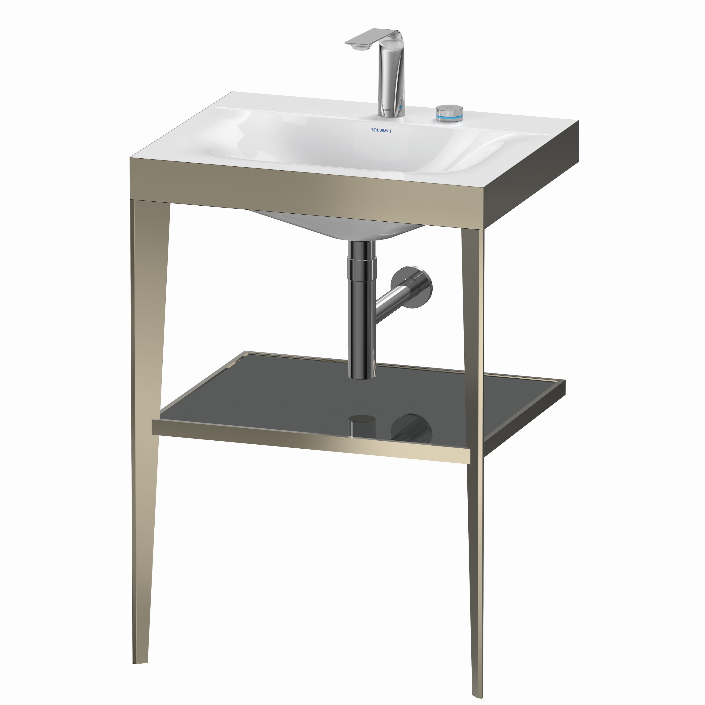 Duravit Möbelwaschtisch-Kombination c-bonded XViu 60 x48 cm, 2 Hahnlöcher, flannel grey hochglanz, mit Metallkonsole, champagner matt