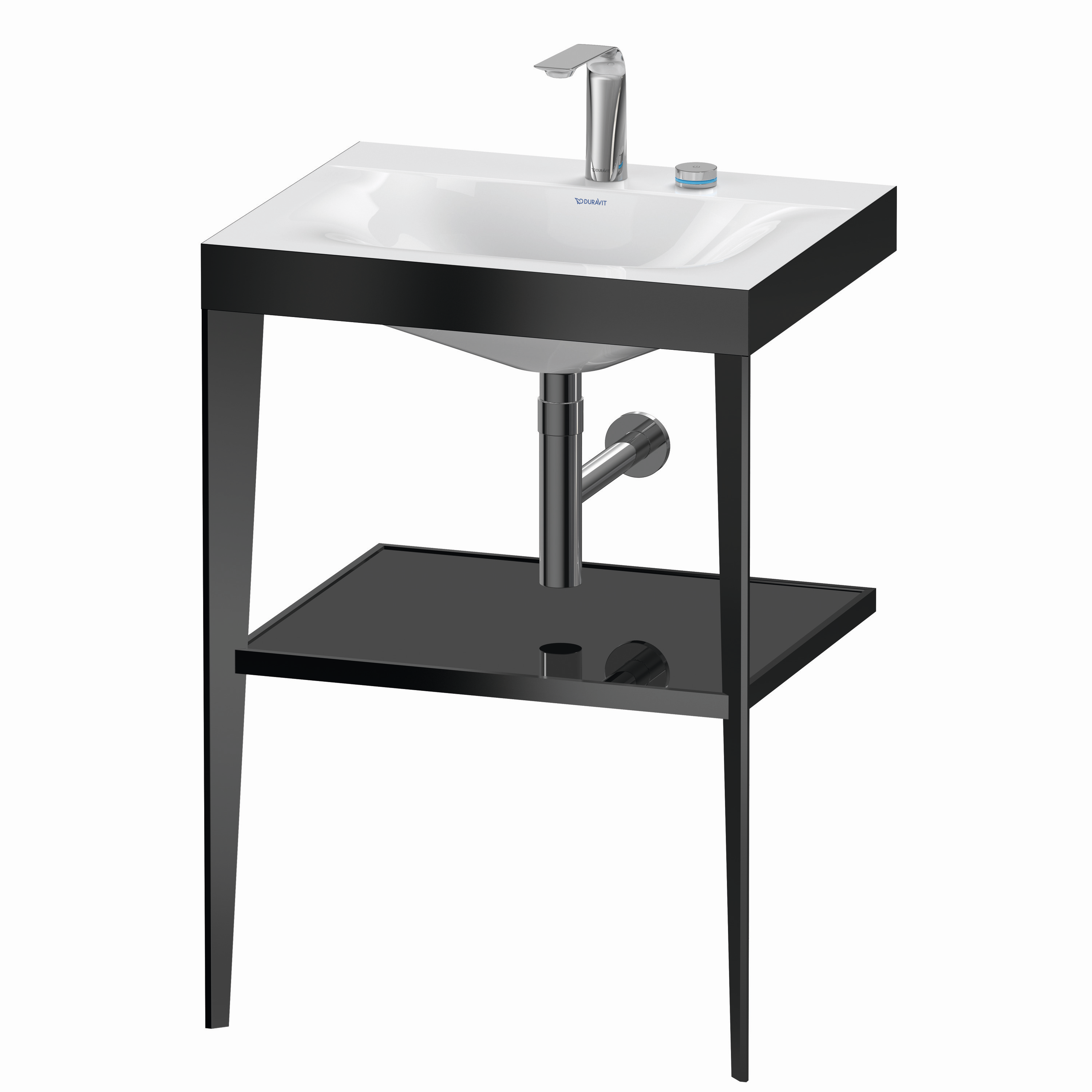 Duravit Möbelwaschtisch-Kombination c-bonded XViu 60 x48 cm, 2 Hahnlöcher, schwarz hochglanz, mit Metallkonsole, schwarz matt