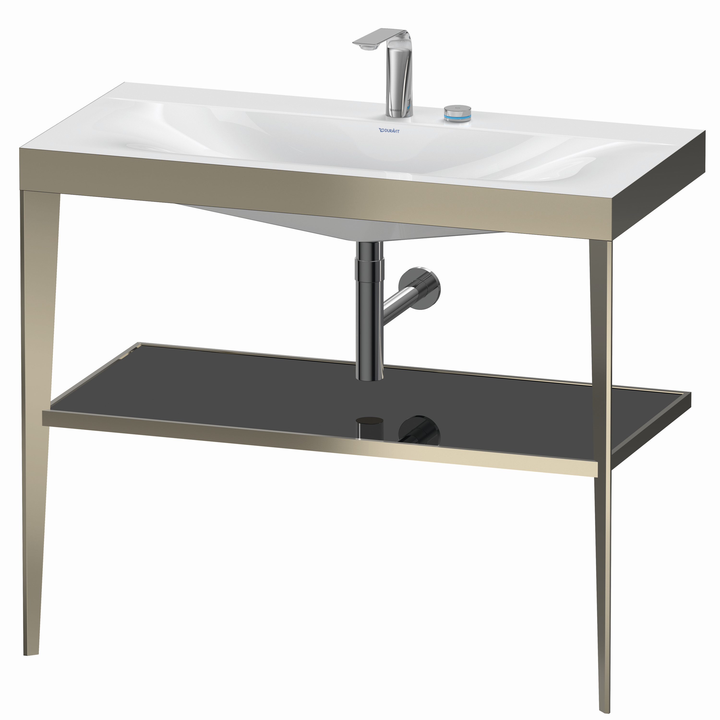 Duravit Möbelwaschtisch-Kombination c-bonded XViu 100 x 48 cm, 2 Hahnlöcher, schwarz hochglanz, mit Metallkonsole, champagner matt