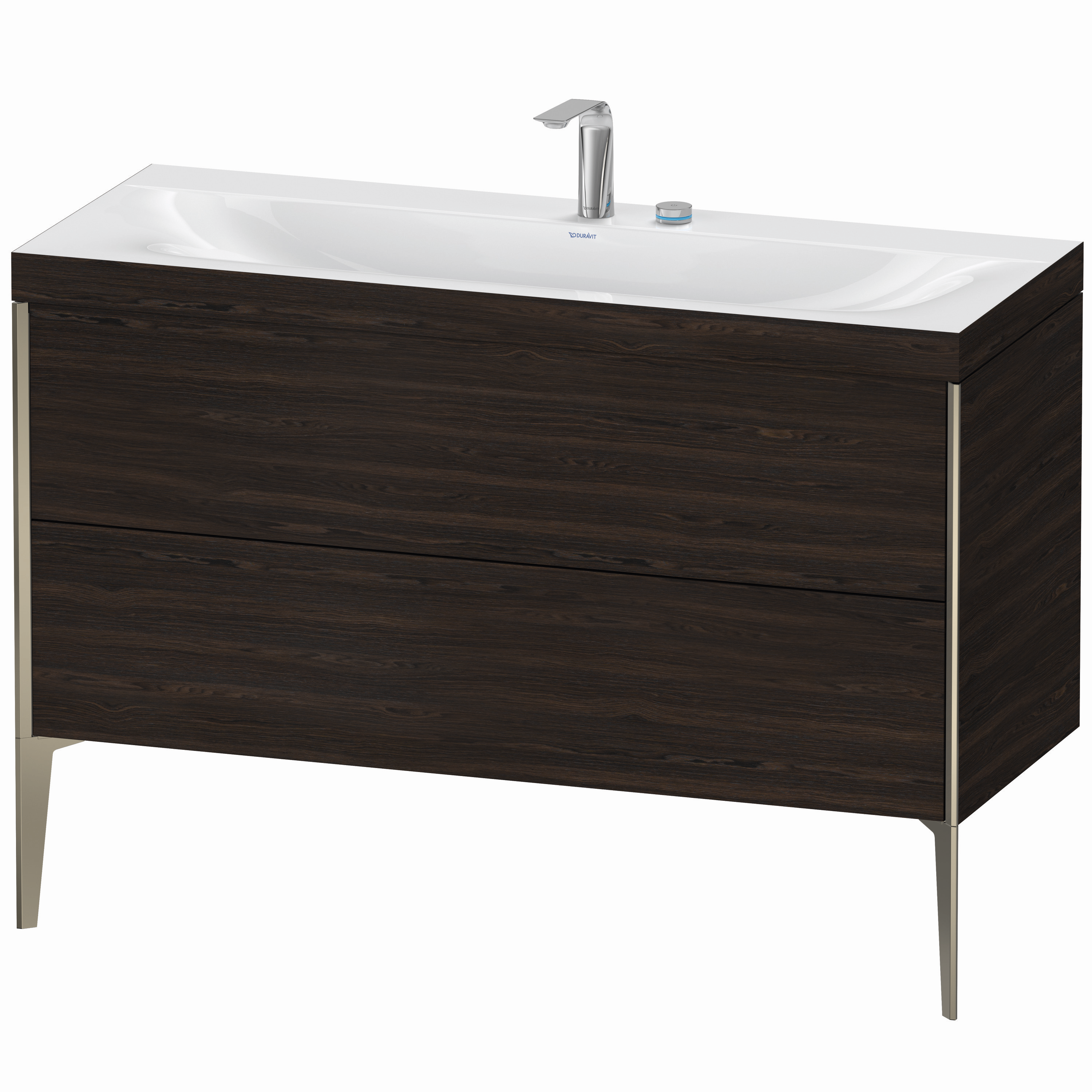 Duravit Waschtisch-Unterschrank c-bonded XViu 120x48cm, 2 Auszüge, 2 Hahnlöcher, champagner matt, Rahmen C, nussbaum gebürstet