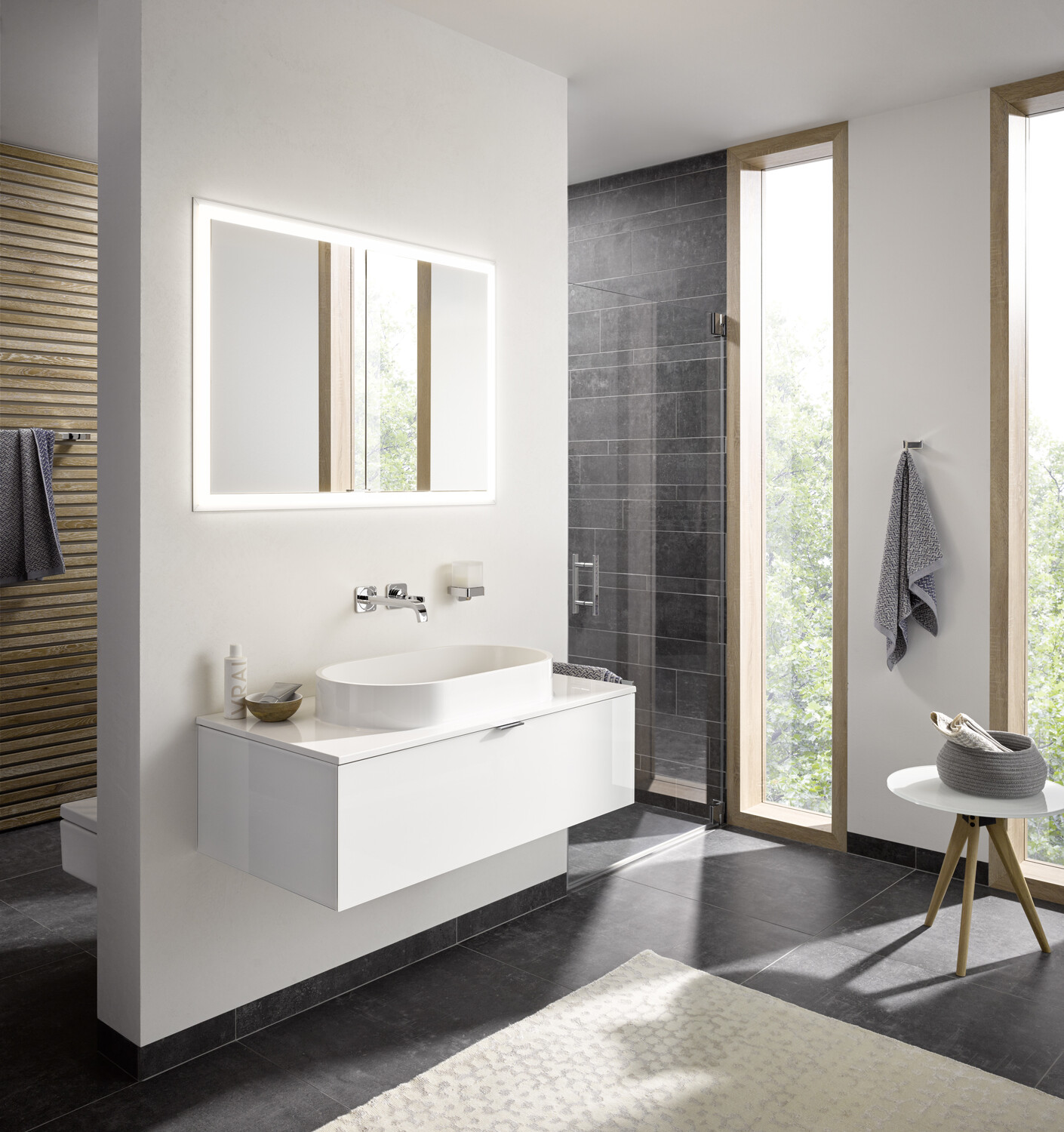 EMCO Unterputz-Lichtspiegelschrank prime Facelift 600x730mm, 1 Tür, Anschlag links, aluminium/weiss