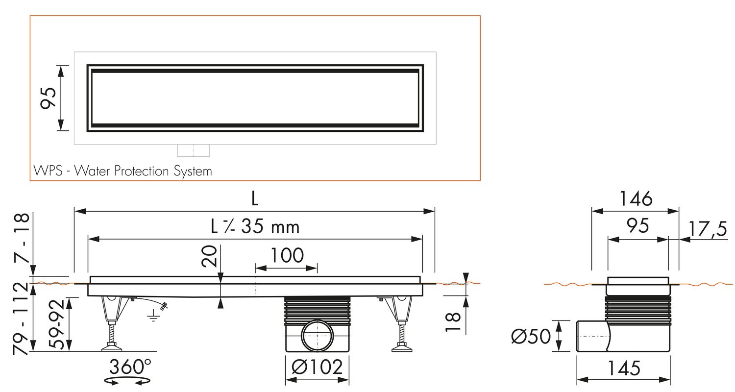 ESS Duschrinne Multi TAF-Zero/Fliese 1300 mm, Sperrwasserhöhe 30/35/50 mm, Bauhöhe 79 mm, Edelstahl gebürstet