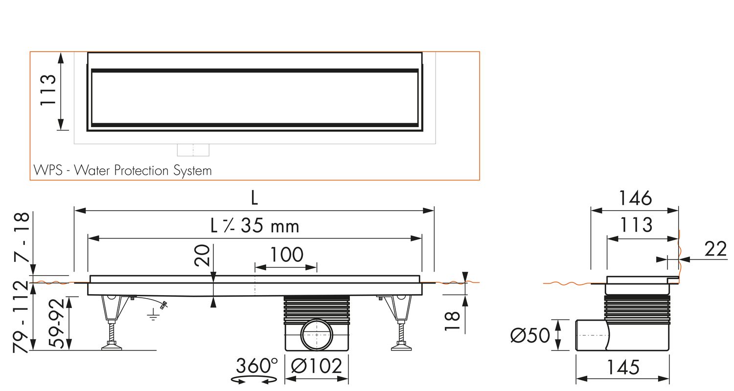 ESS Duschrinne Multi TAF-WALL-Zero/Fliese 600 mm, Sperrwasserhöhe 30/35/50 mm, Bauhöhe 79 mm, Edelstahl gebürstet