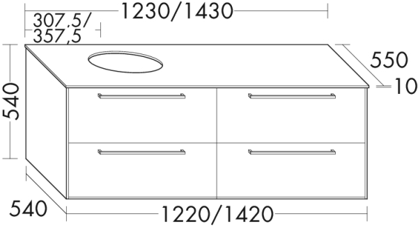 Burgbad Osera Waschtisch-Unterschrank 123 x 54 x 55 cm, links, 4 Auszüge, Glasabdeckplatte Schilf matt, Front Eiche Dekor Merino