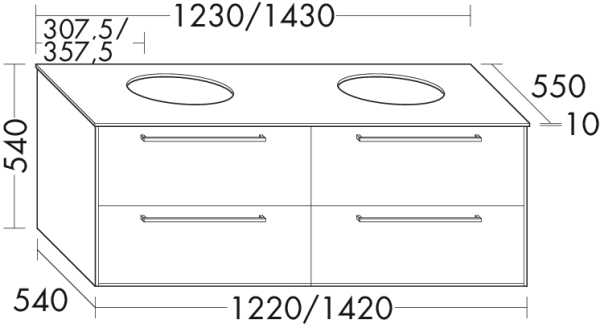 Burgbad Osera Waschtisch-Unterschrank 123 x 54 x 55 cm, 4 Auszüge, Glasabdeckplatte Weiß matt, Front Frassino Dekor cappuccino