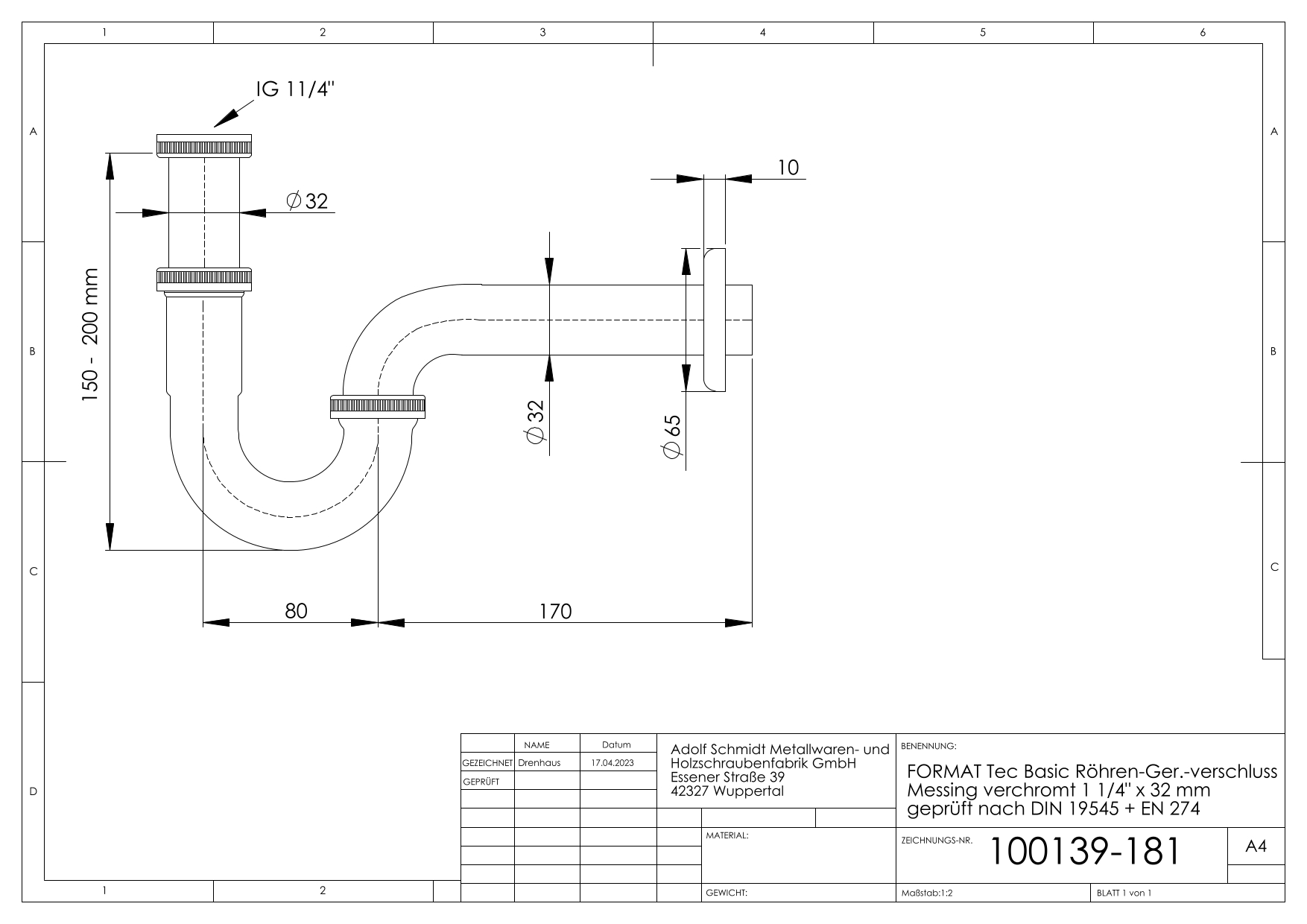 FORMAT Tec Basic Röhren-Geruchsverschluss 1 1/4&quot;x32mm, Messing, chrom