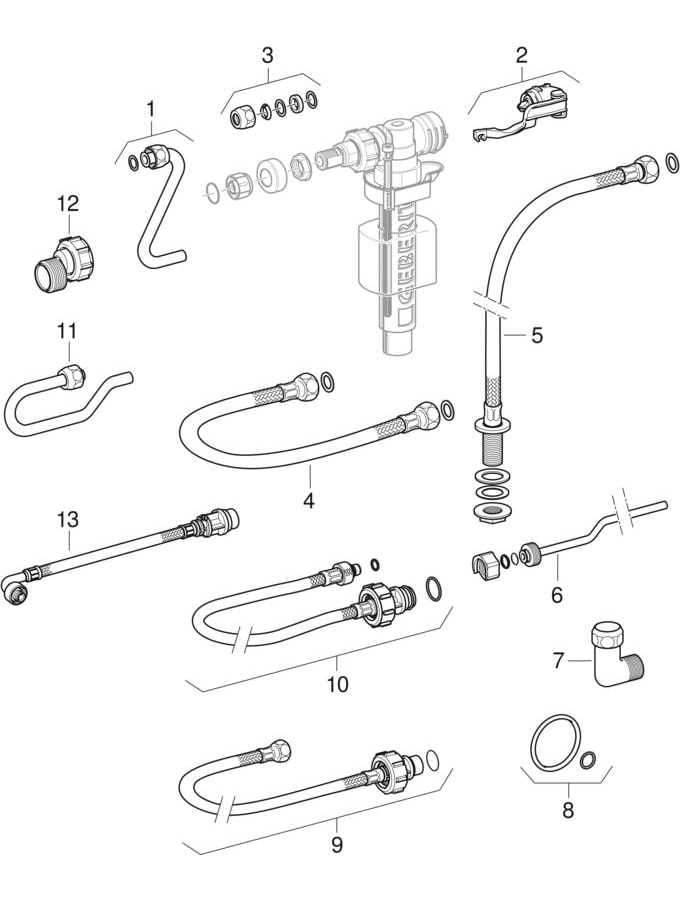 Geberit Füllventil Typ 380 Wasseranschluss seitlich, 3/8", Nippel Messing, für AP-Spülkästen