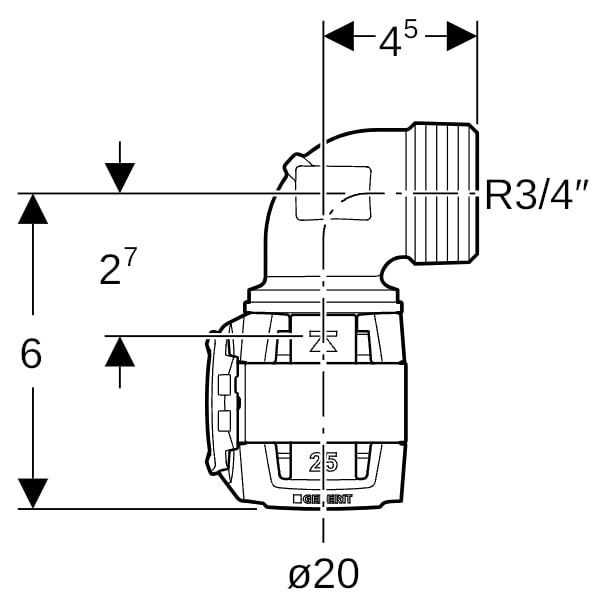 Geberit Übergangsbogen FlowFit Ø 20 mm, R 3/4, 90Grad, mit Außengewinde, lang