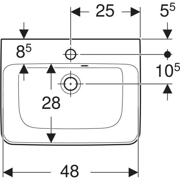 Geberit Handwaschbecken Renova Plan 50x38cm, Hahnloch mittig, mit asymetrischem Überlauf, weiß