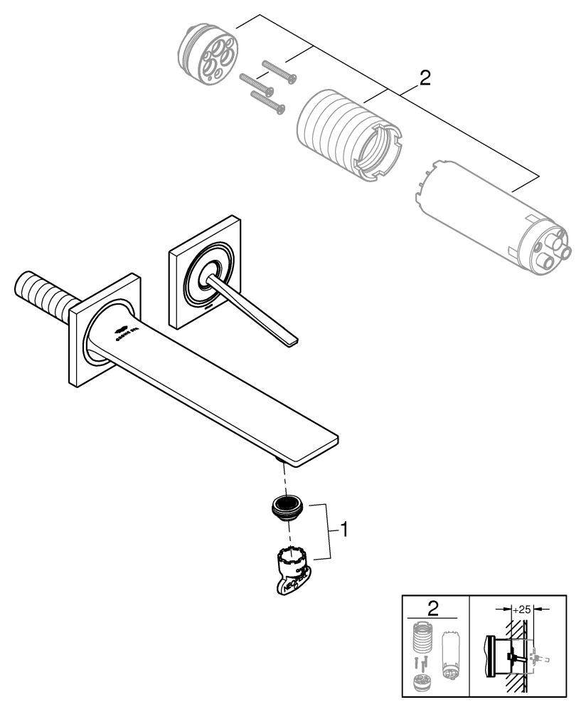 GROHE Fertigmontageset Allure UP-2-Loch-Waschtischarmatur, Wandmontage, chrom