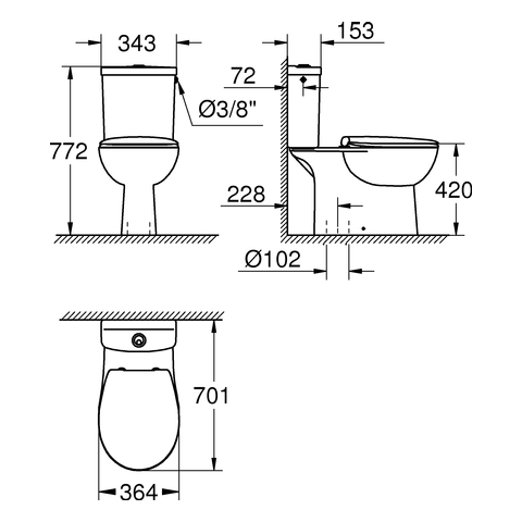 GROHE Stand-WC-Kombination Bau Keramik spülrandlos, Abgang senkrecht, mit WC-Sitz, alpinweiß