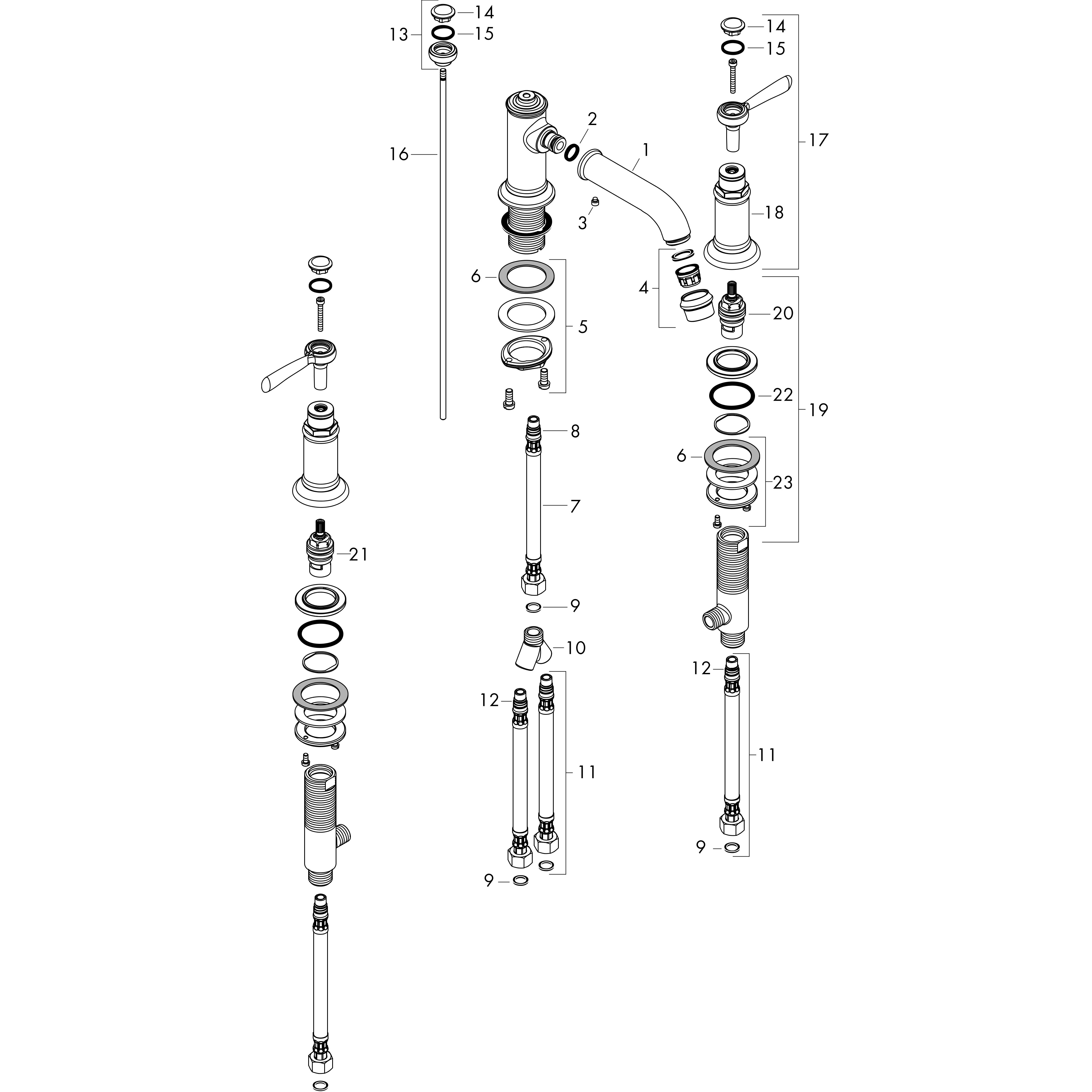 hansgrohe 3-Loch-Waschtischarmatur 30 Axor Montreux Ausladung 143mm, mit Hebelgriffe, Zugstangen-Ablaufgarnitur, brushed nickel