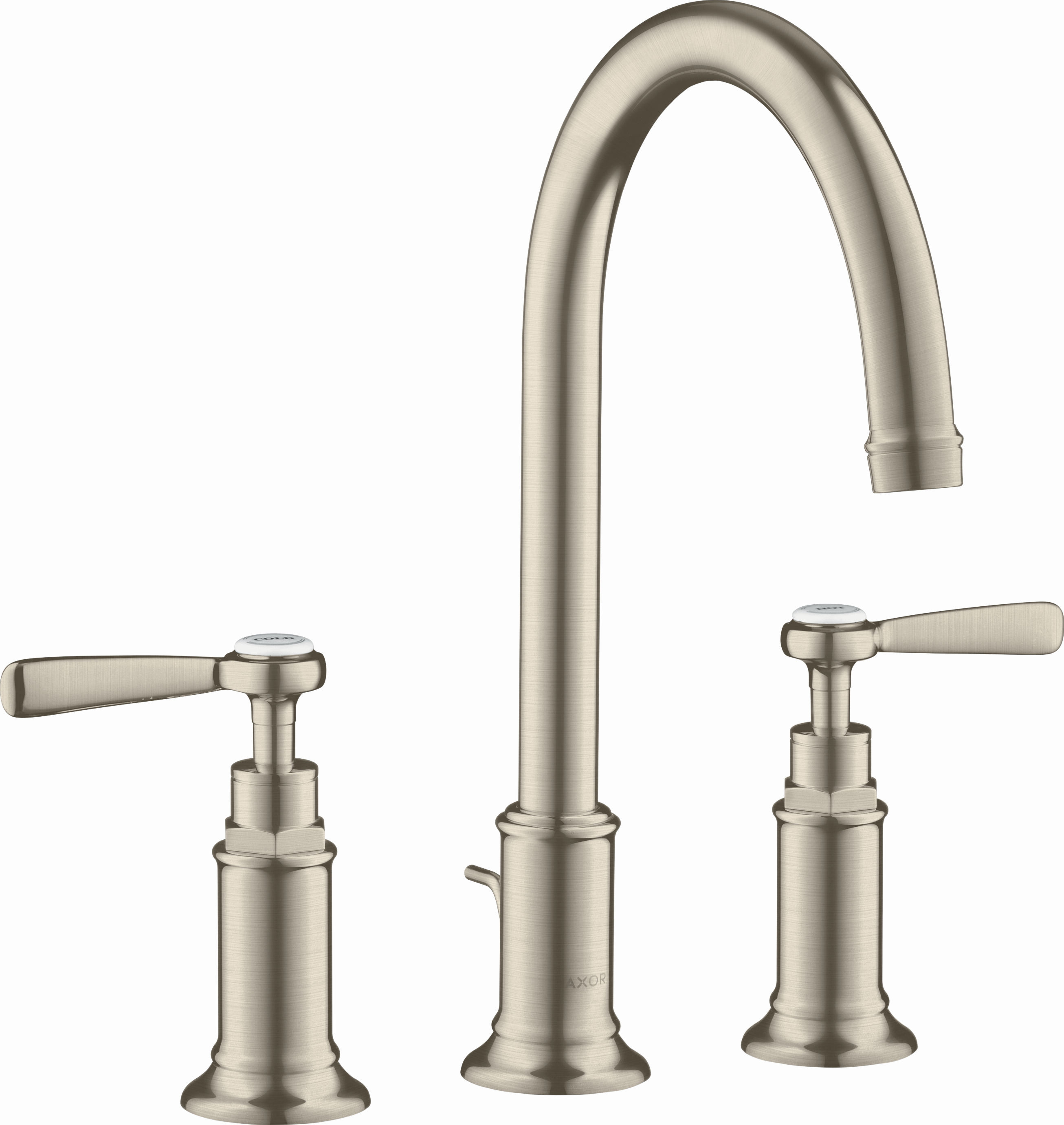 hansgrohe 3-Loch-Waschtischarmatur 180 Axor Montreux Ausladung 175mm, mit Hebelgriffe, Zugstangen-Ablaufgarnitur, brushed nickel