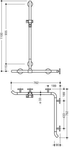 HEWI Duschhandlauf System 800 K 1100 mm, Brausehalter, Stützen und Rosetten reinweiß, anthrazitgrau