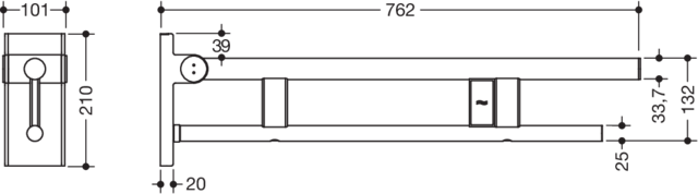 HEWI Stützklappgriff System 900 Ausladung 750 mm, Edelstahl matt geschliffen, links, Funk-Spülauslösung