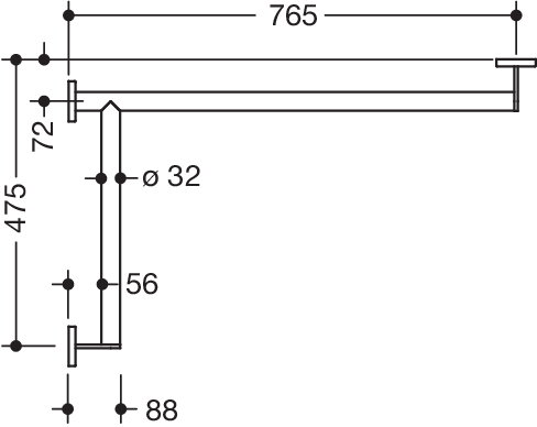 HEWI Duschhandlauf System 900 765 x 475 mm, Edelstahl verchromt, Ausführung links