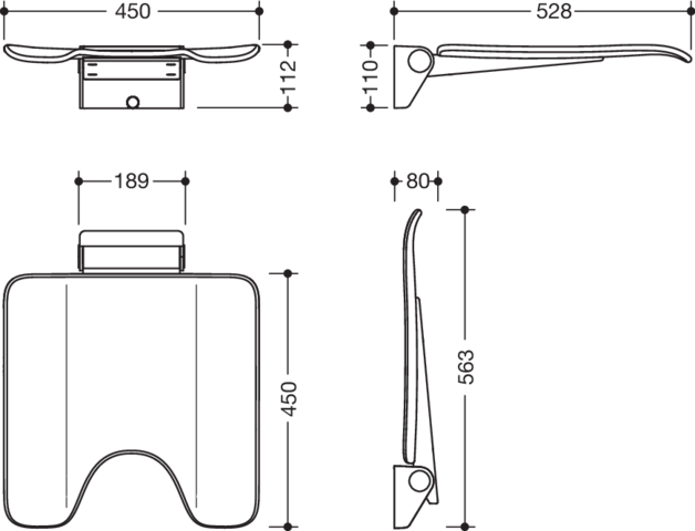 HEWI Klappsitz System 900 450x112x450mm, Hygieneausschnitt, Edelstahl verchromt, Polyamid anthrazit