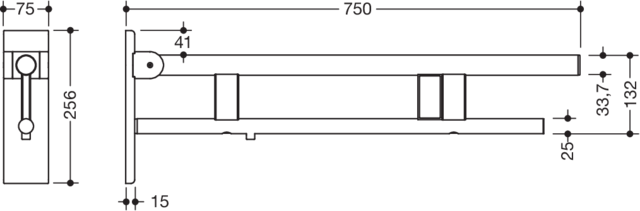 HEWI Stützklappgriff System 900 Ausladung 750 mm, Edelstahl matt geschliffen, rechts, E-Spülauslösung