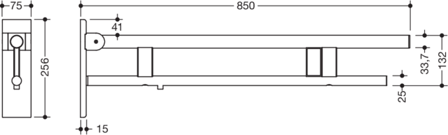 HEWI Stützklappgriff System 900 Ausladung 850 mm, Edelstahl matt geschliffen, rechts, E-Spülauslösung