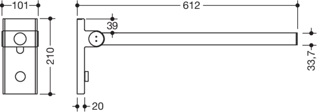 HEWI Stützklappgriff System 900 Mono Ausladung 600mm, verchromt