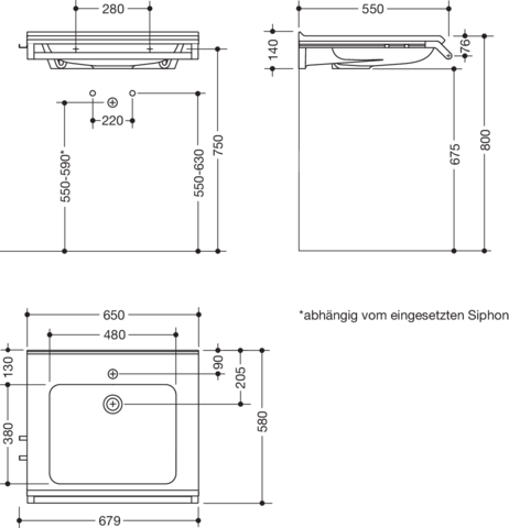 HEWI Mineralguss-Waschtisch 65x58cm, mit Haltegriff 65cm, 2 Haken, weiß, schwarz tiefmatt