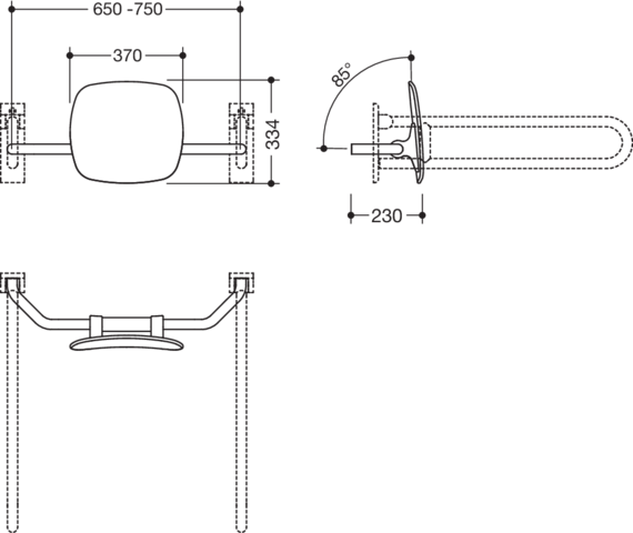 HEWI Rückenstütze 801 Wandabstand 230mm, matt, Lehne anthrazitgrau, signalweiß