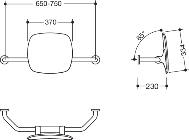 HEWI Rückenstütze 801 Wandabstand 150mm, matt, Lehne tiefschwarz, reinweiß