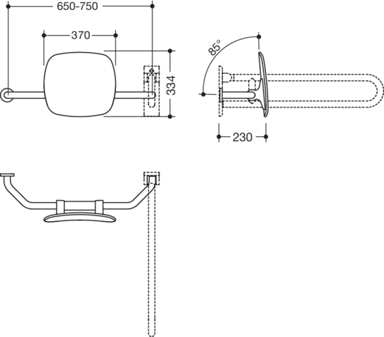 HEWI Rückenstütze 801 Wandabstand 230mm, rechts, Lehne tiefschwarz, umbra