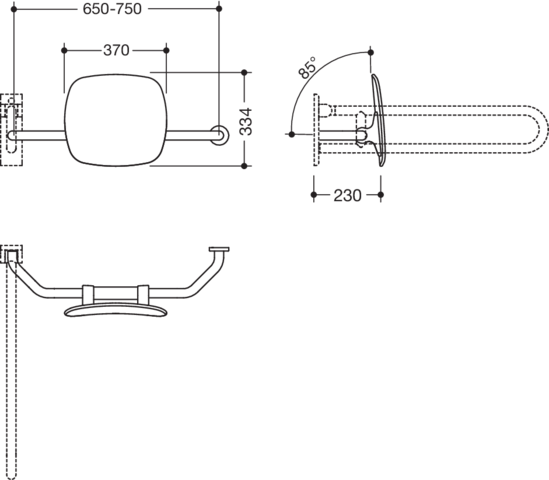 HEWI Rückenstütze 801 Wandabstand 230mm, rechts, matt, Lehne tiefschwarz, felsgrau