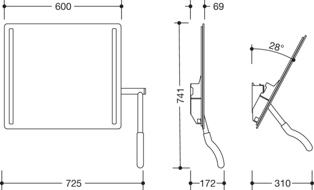 HEWI Kippspiegel 600x540x6mm, Hebel rechts, felsgrau