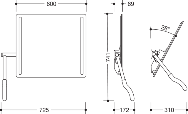 HEWI Kippspiegel 600x540x6mm, Hebel links, tiefschwarz