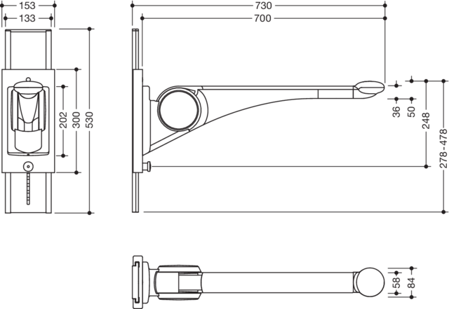 HEWI Stützklappgriff 802 LifeSystem Premium 700 mm, anthrazit hochglanz/anthrazit matt, mit Höhenverstellung