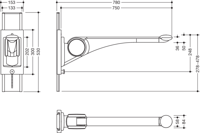 HEWI Stützklappgriff 802 LifeSystem Premium 750 mm, weiß hochglanz/weiß matt, mit Höhenverstellung