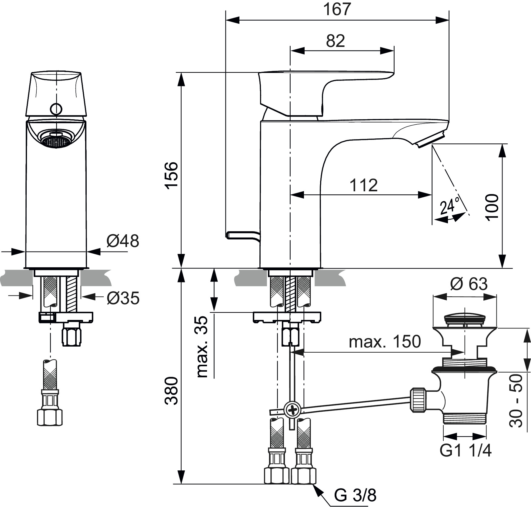 Ideal-Standard Waschtisch-Einhebelmischer Connect Air 5 l/min, Ausladung 112mm, mit Ablaufgarnitur, verchromt