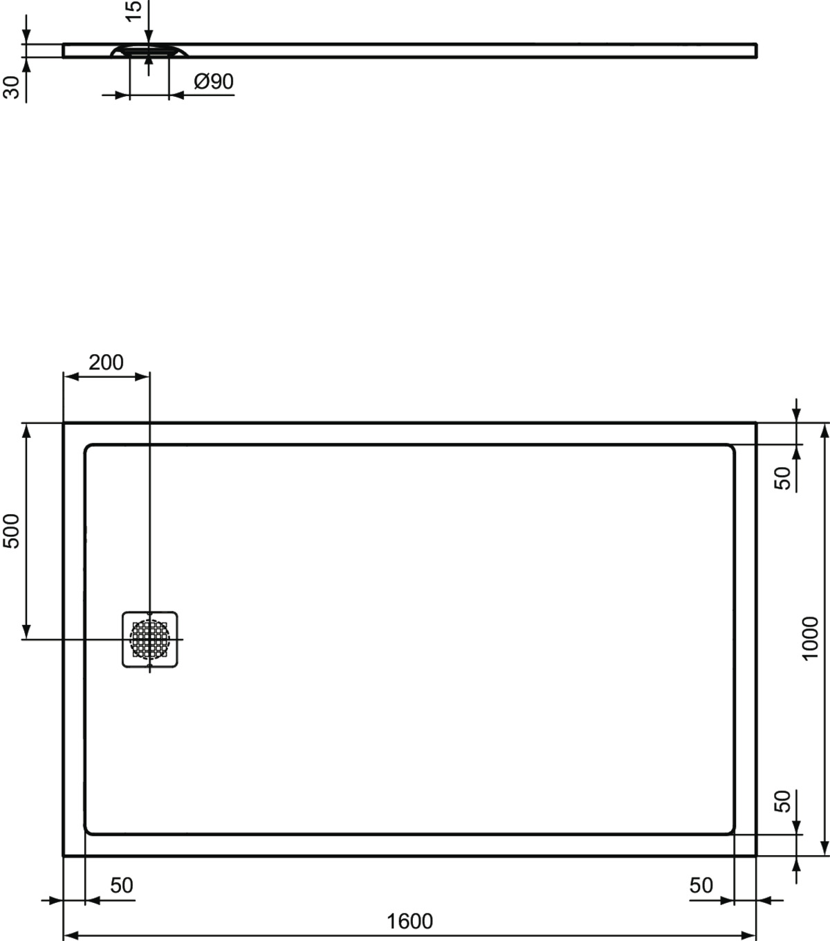 Ideal-Standard Quadrat-Duschwanne Ultra Flat S mit Ablaufabdeckung, 160 x 100 x 3 cm, Schiefer