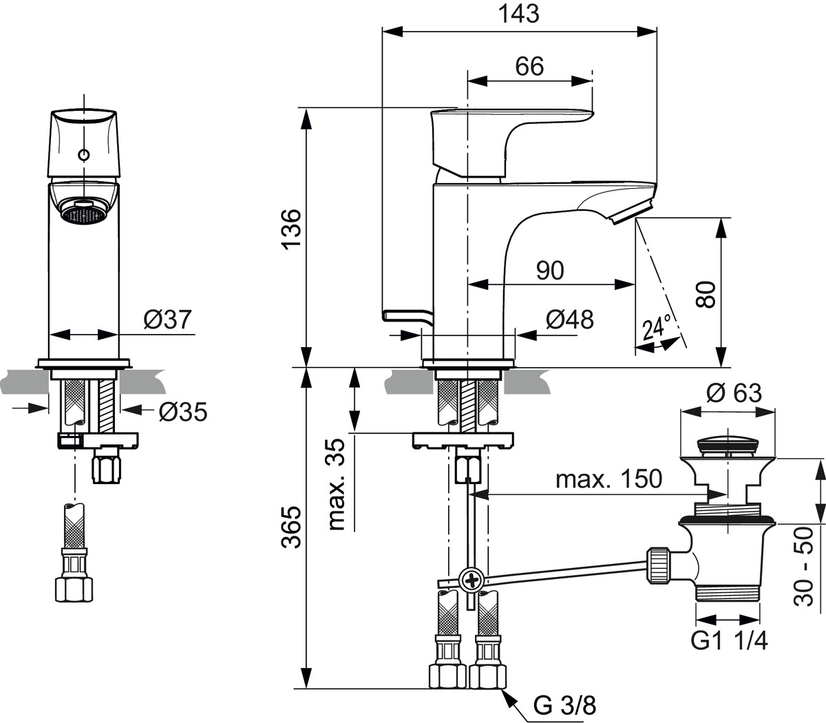 Ideal-Standard Waschtisch-Einhebelmischer Connect Air Piccolo 5 l/min, Ausladung 90mm, mit Ablaufgarnitur, verchromt