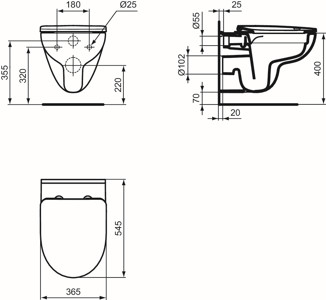 Ideal-Standard Wandtiefspül-WC-Paket i.life A ohne Spülrand, 36,5x54,5x33cm, weiß