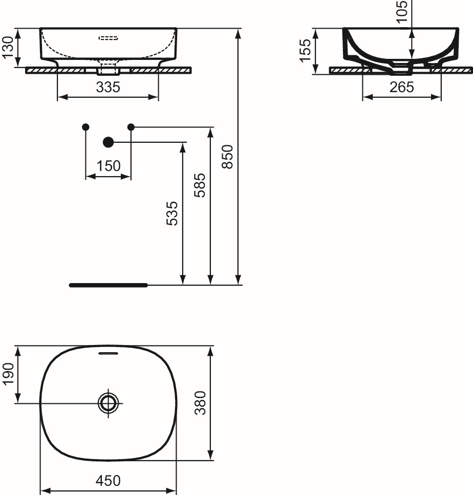 Ideal-Standard Waschtisch Linda-X ohne Hahnloch, mit Überlauf, 45x38x15,5cm, weiß Ideal Plus