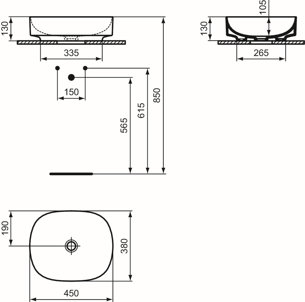 Ideal-Standard Waschtisch Linda-X ohne Hahnloch/Überlauf, 45x38x13cm, seidenweiß