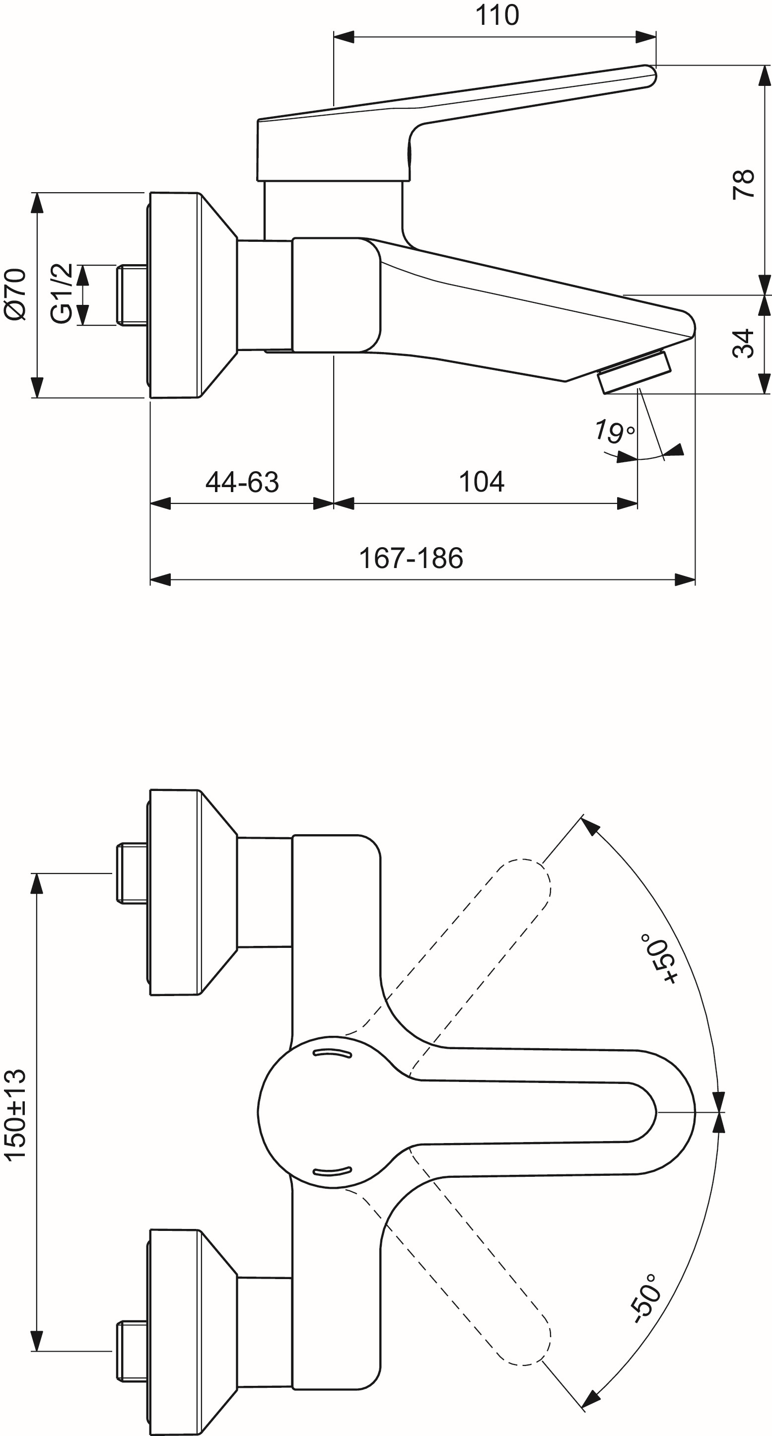 Ideal-Standard Wand-Waschtisch-Einhebelmischer CeraPlus AP, Ausladung 104mm, DN 15, chrom